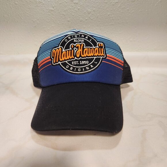 Maui Hawaii Snap Back Trucker Hat Black Bill Blue and Red Front - Picture 1 of 4
